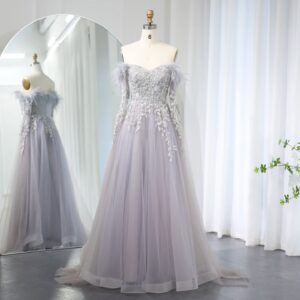 Luxury Feathers Gray Purple Evening Dress with Cape Sleeve Elegant Off Shoulder Lilac Wedding Party Gown