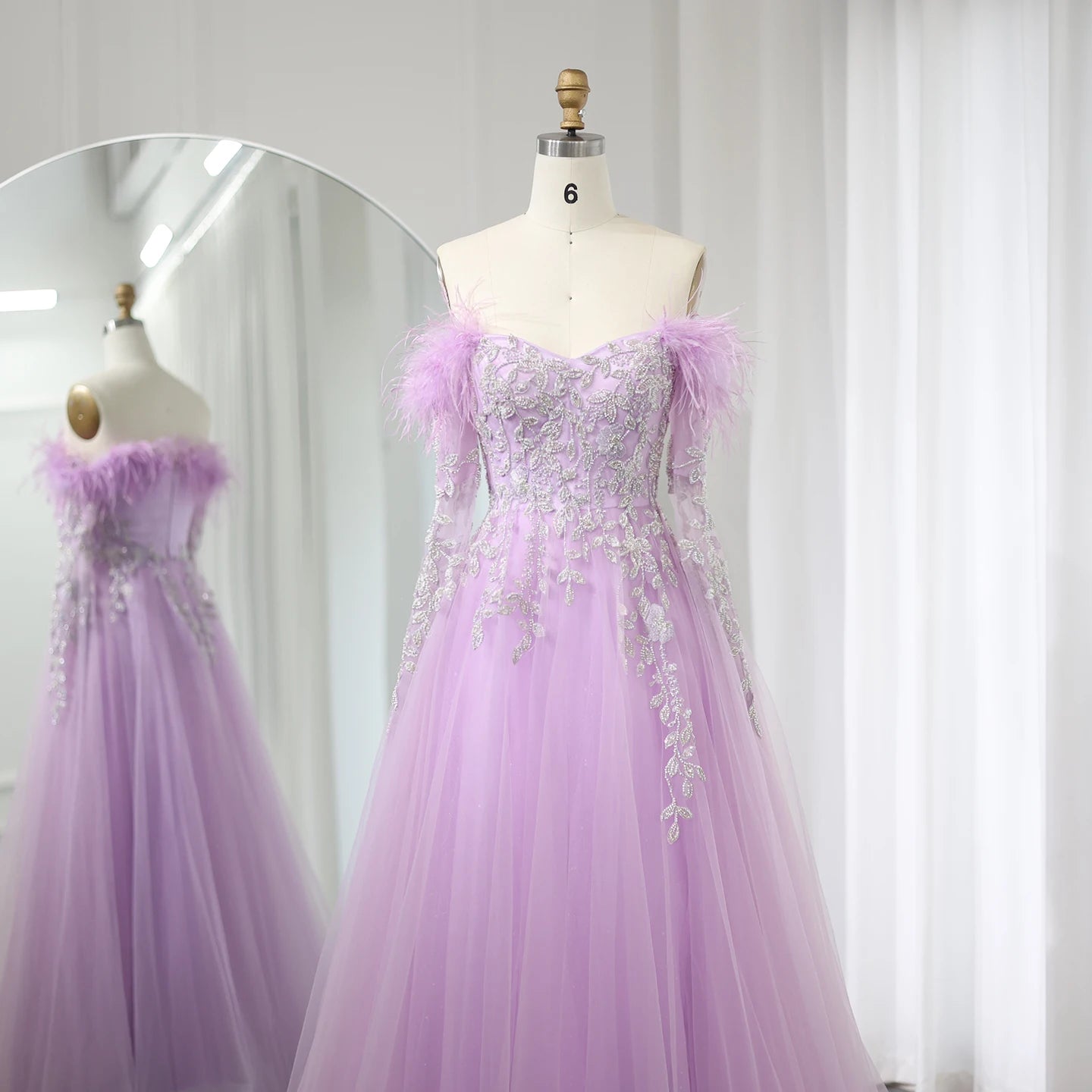 Luxury Feathers Gray Purple Evening Dress with Cape Sleeve Elegant Off Shoulder Lilac Wedding Party Gown - Image 3