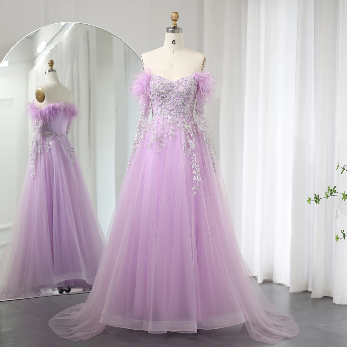 Luxury Feathers Gray Purple Evening Dress with Cape Sleeve Elegant Off Shoulder Lilac Wedding Party Gown - Image 2