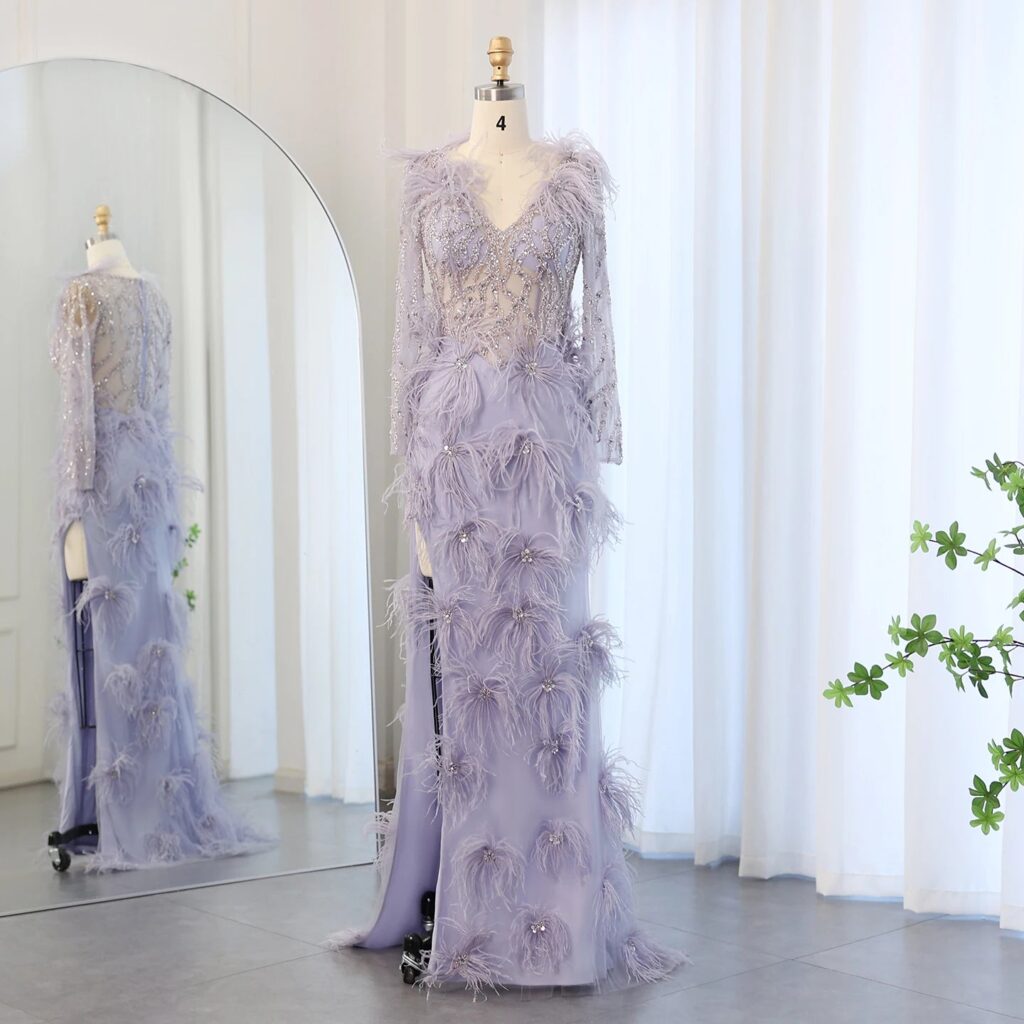 Luxury Feathers Lilac Mermaid Evening Dresses Long Sleeves Elegant V-Neck Arabic Woman Wedding Party Gowns
