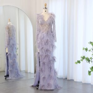Luxury Feathers Lilac Mermaid Evening Dresses Long Sleeves Elegant V-Neck Arabic Woman Wedding Party Gowns