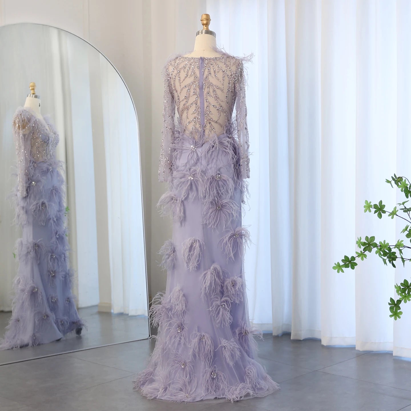 Luxury Feathers Lilac Mermaid Evening Dresses Long Sleeves Elegant V-Neck Arabic Woman Wedding Party Gowns - Image 6
