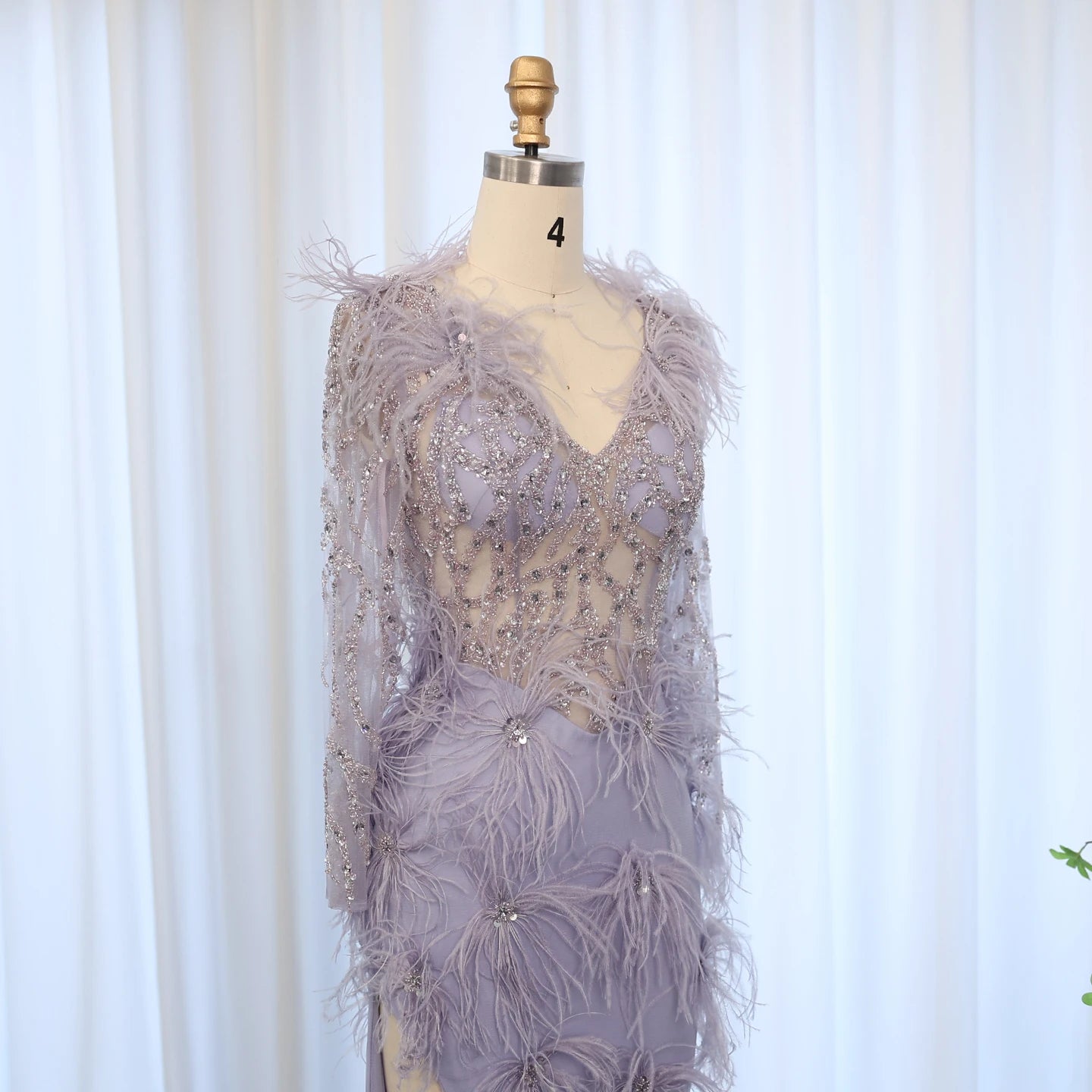 Luxury Feathers Lilac Mermaid Evening Dresses Long Sleeves Elegant V-Neck Arabic Woman Wedding Party Gowns - Image 5