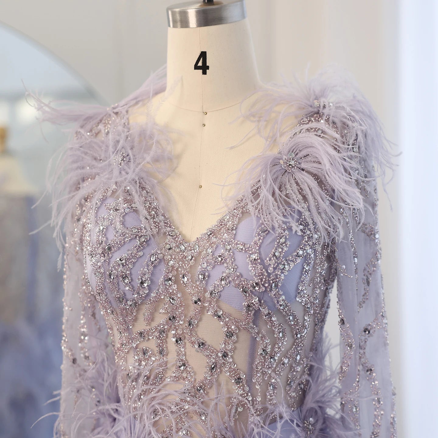 Luxury Feathers Lilac Mermaid Evening Dresses Long Sleeves Elegant V-Neck Arabic Woman Wedding Party Gowns - Image 3