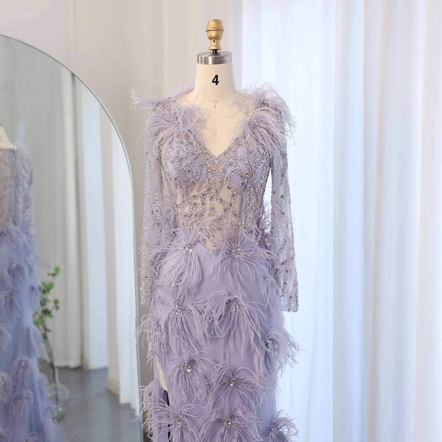 Luxury Feathers Lilac Mermaid Evening Dresses Long Sleeves Elegant V-Neck Arabic Woman Wedding Party Gowns - Image 2