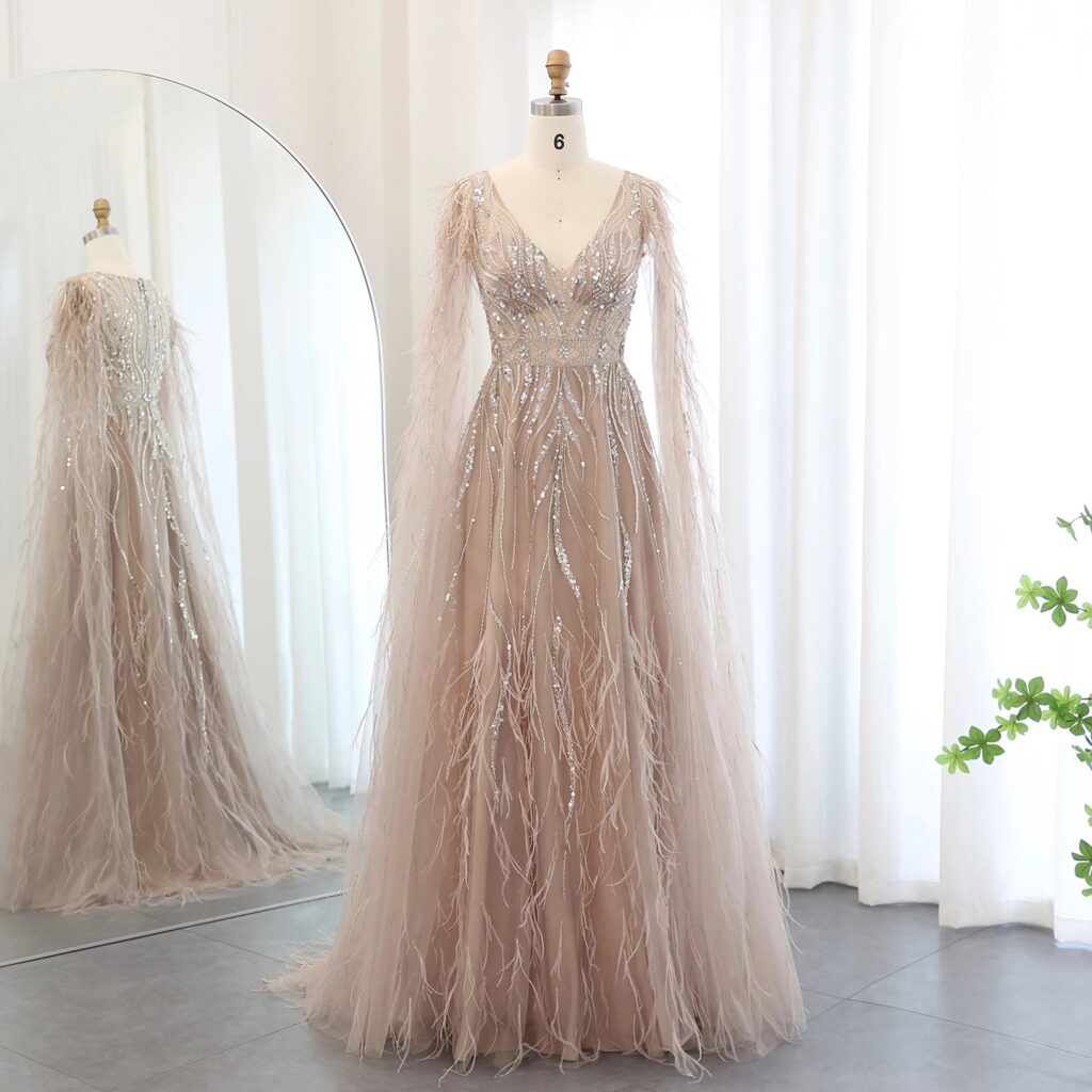 Luxury Feathers Nude A-line Evening Dresses with Cape Sleeves V-Neck Lilac Arabic Women Wedding Party Dress