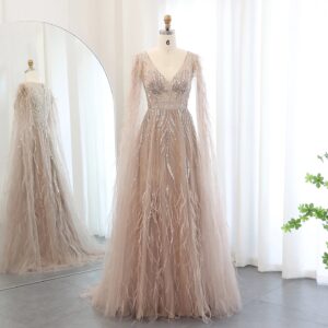 Luxury Feathers Nude A-line Evening Dresses with Cape Sleeves V-Neck Lilac Arabic Women Wedding Party Dress