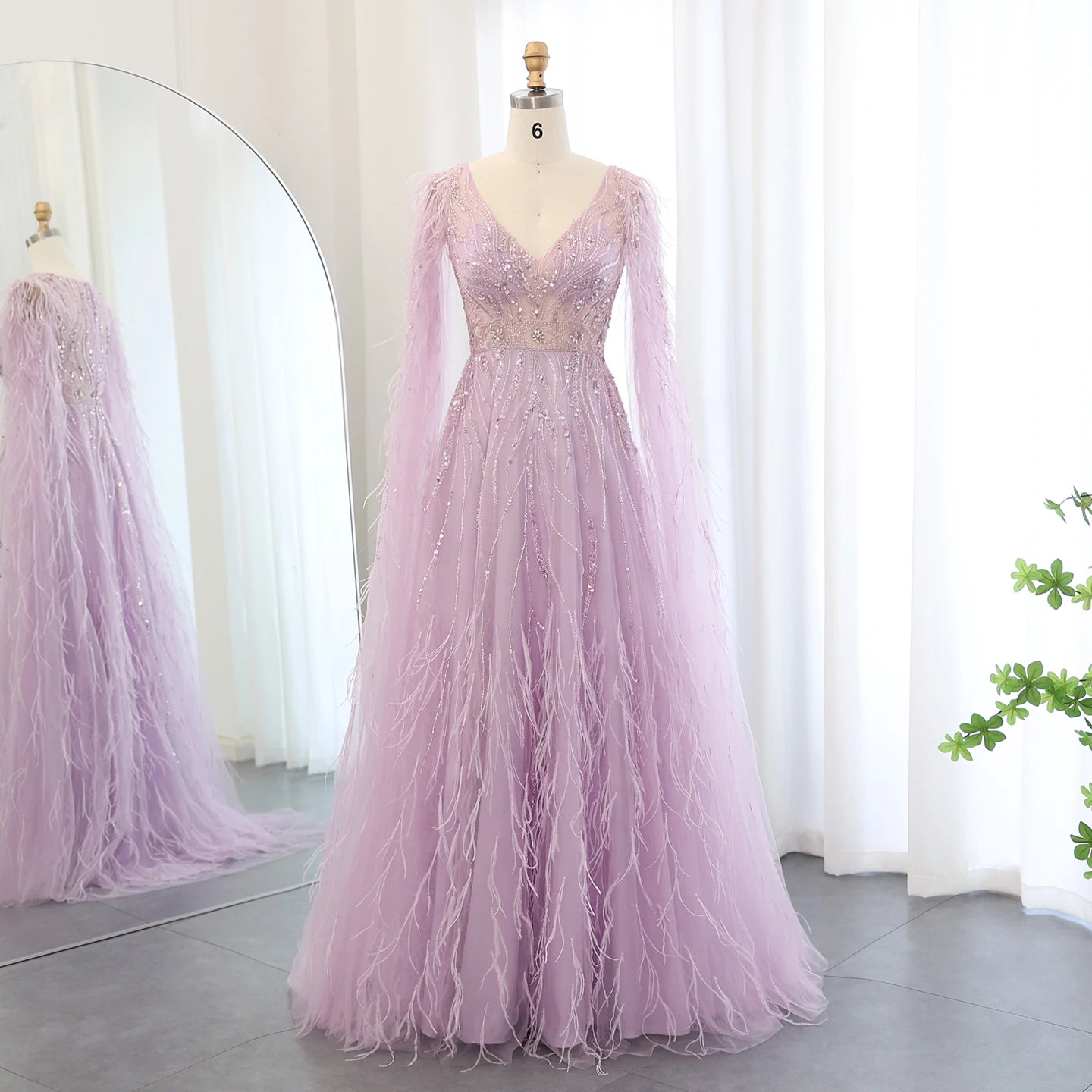 Luxury Feathers Nude A-line Evening Dresses with Cape Sleeves V-Neck Lilac Arabic Women Wedding Party Dress - Image 2