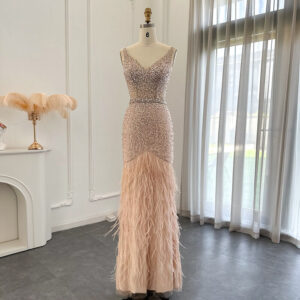Luxury Feathers Nude Pink Mermaid Evening Dresses for Women Wedding Party Elegant Long Beads Prom Formal Dress