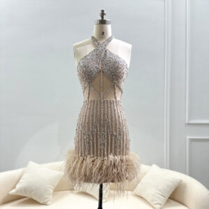 Luxury Feathers Short Mini Cocktail Prom Dresses for Women Wedding Halter Party Gowns