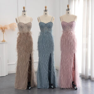 Luxury Feathers Pink Mermaid Evening Dress Spaghetti Straps Side Slit Long Prom Dresses for Women Wedding