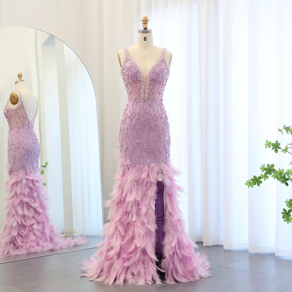 Luxury Feathers Mermaid Evening Dresses for Women Wedding V-Neck Blue Side Slit Long Prom Party Dress