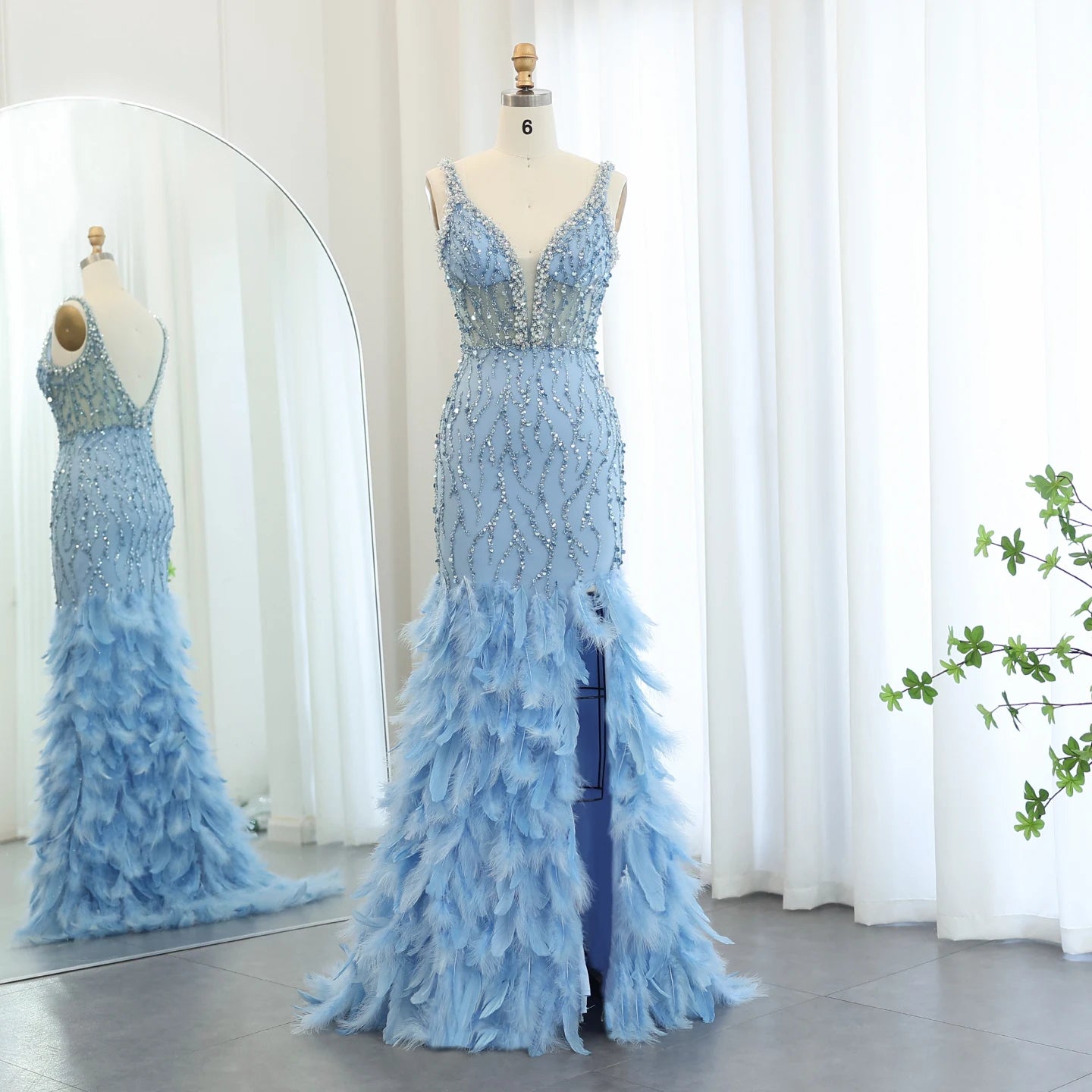 Luxury Feathers Mermaid Evening Dresses for Women Wedding V-Neck Blue Side Slit Long Prom Party Dress - Image 2