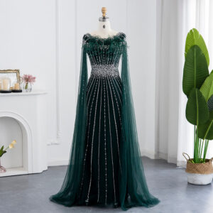 Luxury Feathers Evening Dress with Cape Sleeves Elegant Long Mermaid Formal Dress for Wedding