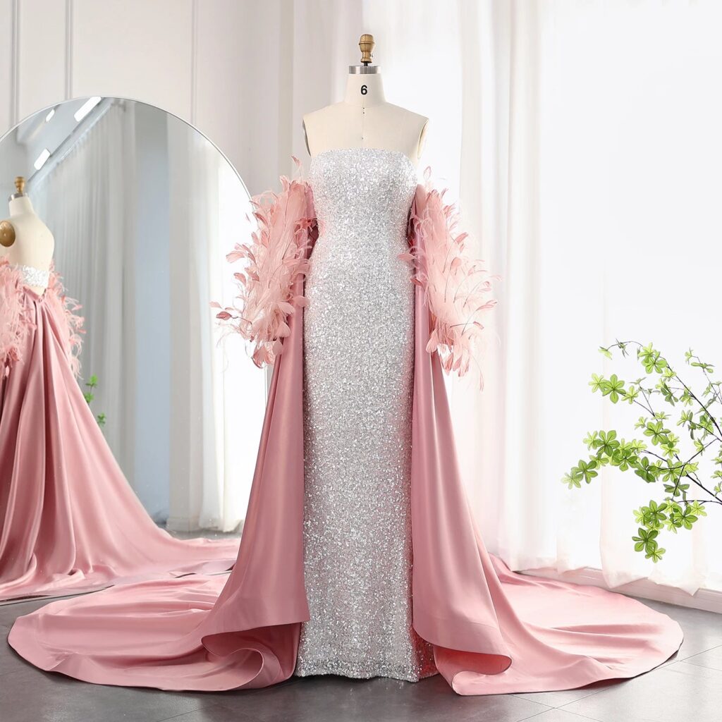 Luxury Feathers White Sequined Mermaid Evening Dress with Cape Long Sleeves Dubai Arabic Wedding Party Dress