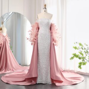 Luxury Feathers White Sequined Mermaid Evening Dress with Cape Long Sleeves Dubai Arabic Wedding Party Dress