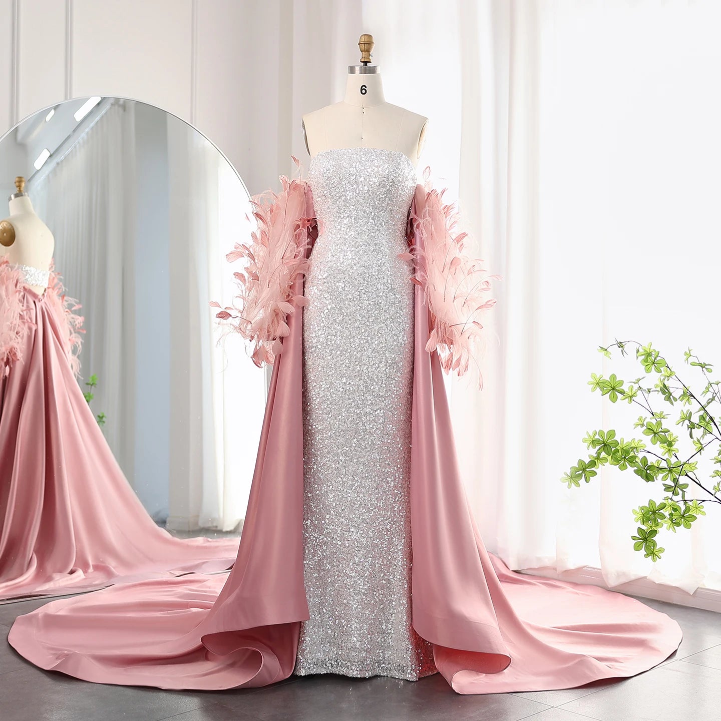 Luxury Feathers White Sequined Mermaid Evening Dress with Cape Long Sleeves Dubai Arabic Wedding Party Dress