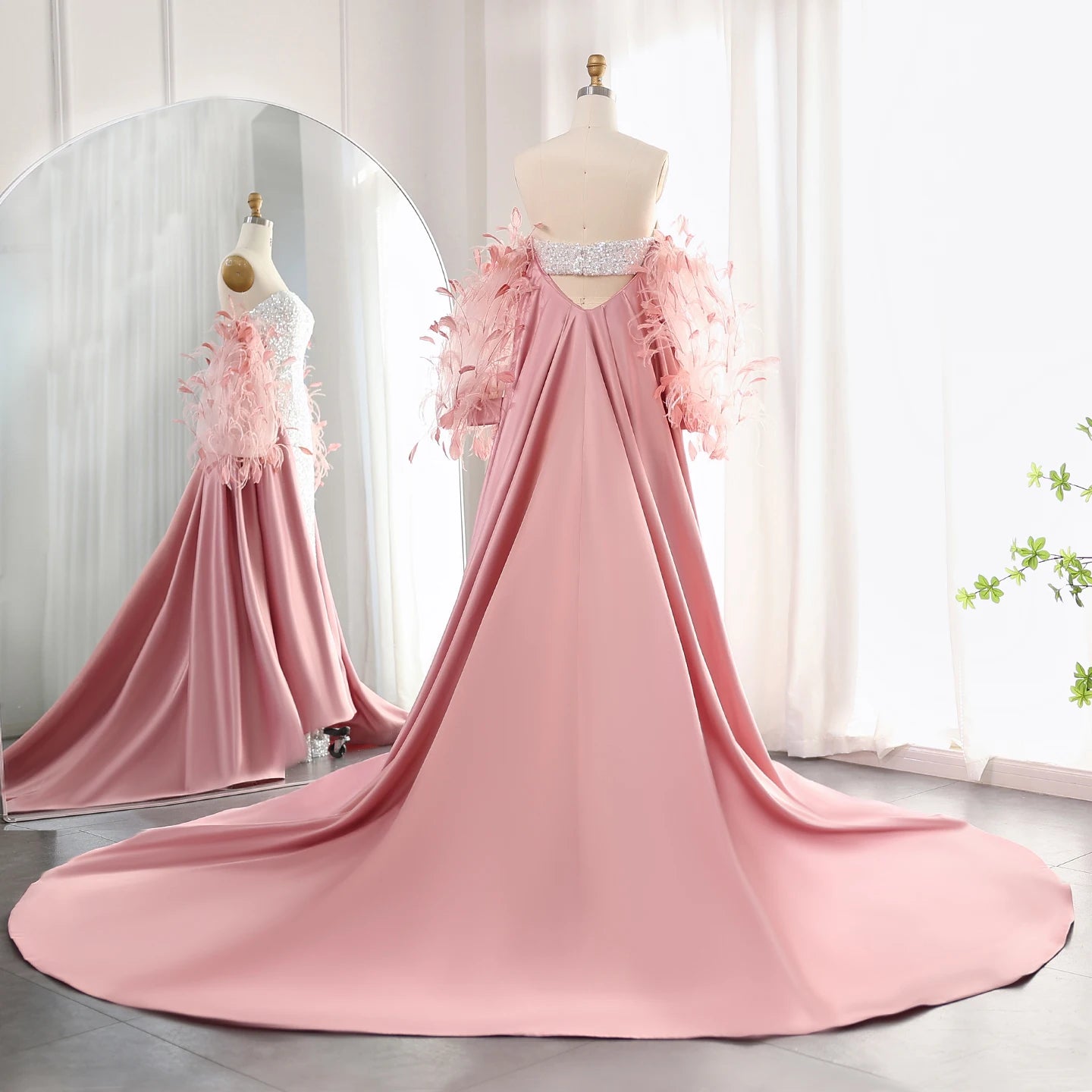 Luxury Feathers White Sequined Mermaid Evening Dress with Cape Long Sleeves Dubai Arabic Wedding Party Dress - Image 6