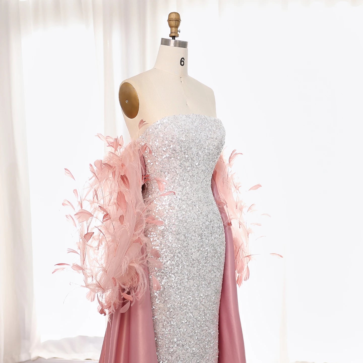 Luxury Feathers White Sequined Mermaid Evening Dress with Cape Long Sleeves Dubai Arabic Wedding Party Dress - Image 5