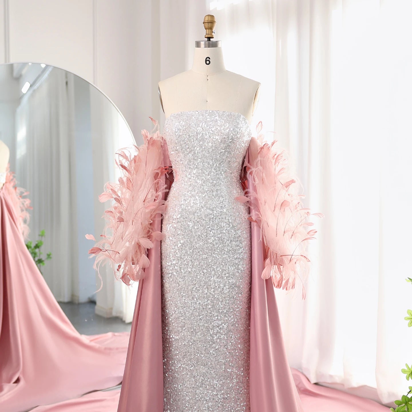 Luxury Feathers White Sequined Mermaid Evening Dress with Cape Long Sleeves Dubai Arabic Wedding Party Dress - Image 2