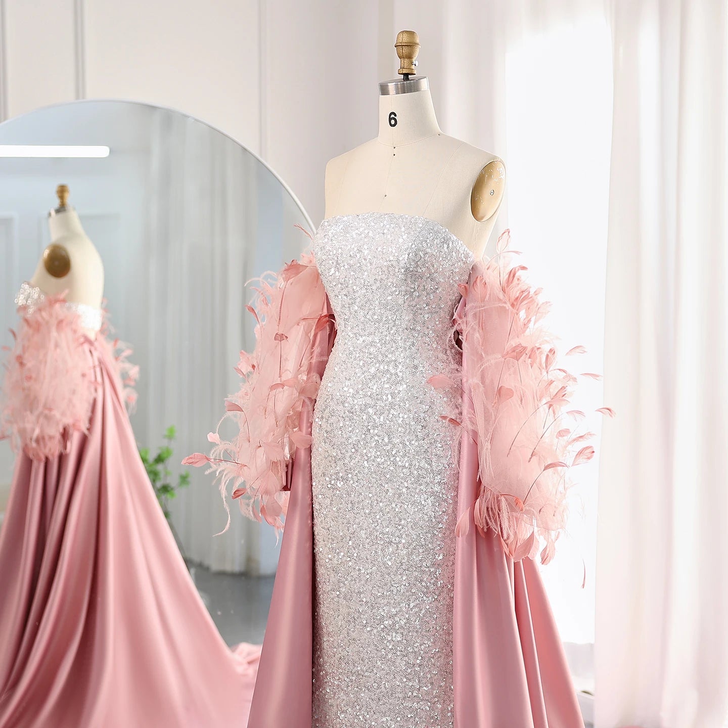 Luxury Feathers White Sequined Mermaid Evening Dress with Cape Long Sleeves Dubai Arabic Wedding Party Dress - Image 4