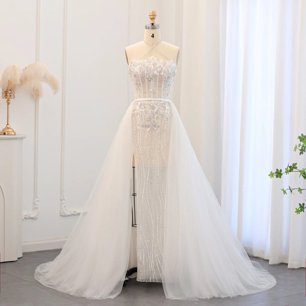 Luxury Halter White Mermaid Evening Dress with Detachable Overskirt Bridal Wedding Party Dress