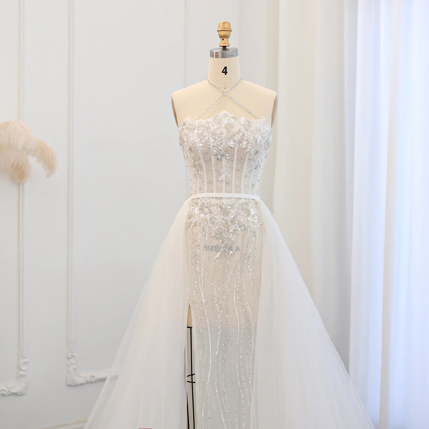 Luxury Halter White Mermaid Evening Dress with Detachable Overskirt Bridal Wedding Party Dress - Image 2