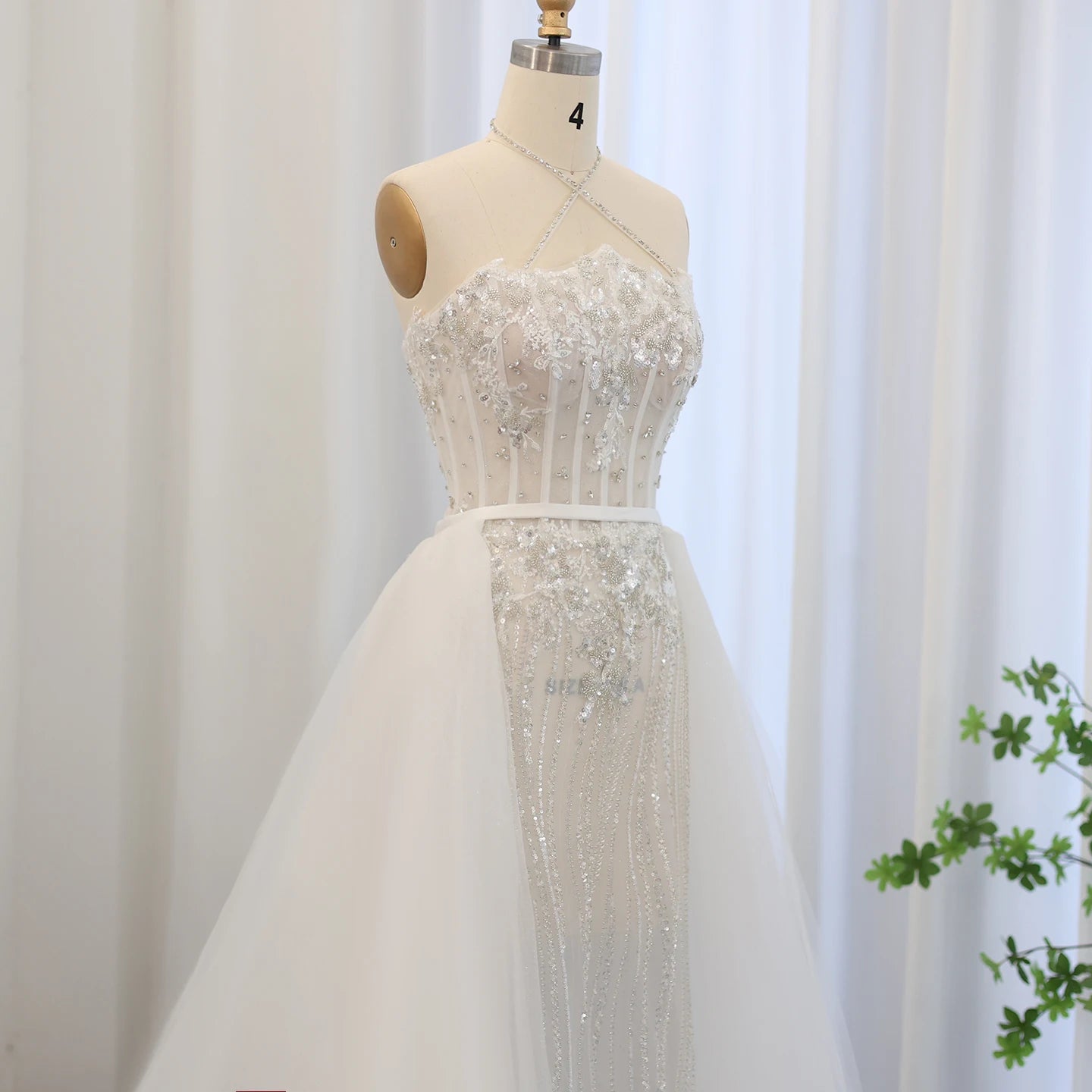 Luxury Halter White Mermaid Evening Dress with Detachable Overskirt Bridal Wedding Party Dress - Image 4