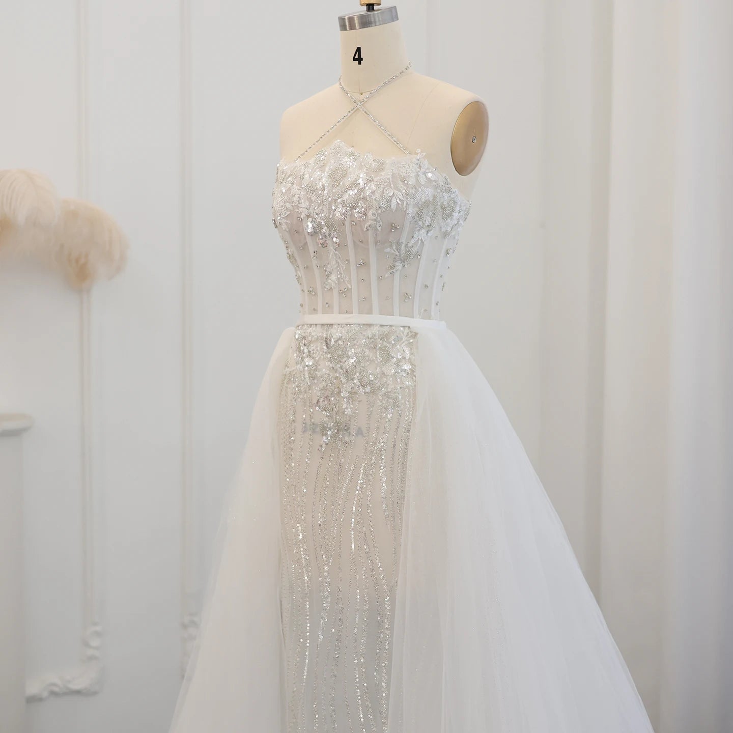 Luxury Halter White Mermaid Evening Dress with Detachable Overskirt Bridal Wedding Party Dress - Image 3