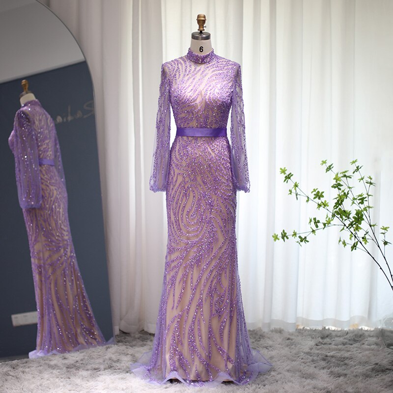 Luxury Lilac Mermaid Evening Dress Elegant Long Sleeve Formal Dresses for Women Wedding Party
