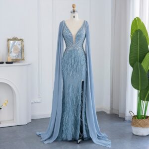 Luxury Mermaid Feathers Evening Dress with Cape Sleeve Backless Prom Dresses for Women Wedding Party Gowns
