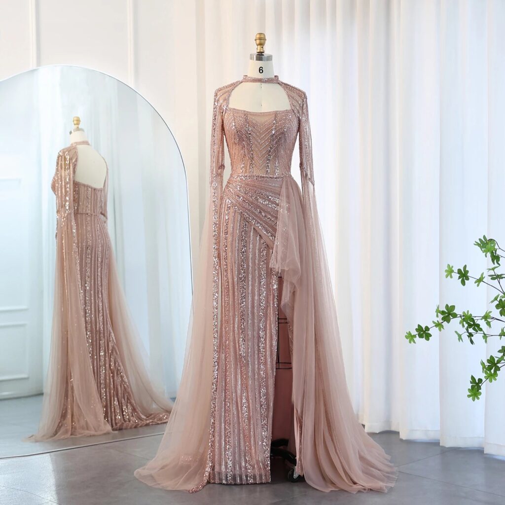 Luxury Mermaid  Evening Dress with Cape Sleeves Slit Elegant Yellow Blue Women Wedding Party Gowns