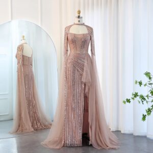 Luxury Mermaid  Evening Dress with Cape Sleeves Slit Elegant Yellow Blue Women Wedding Party Gowns