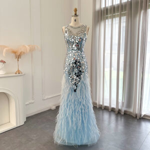 Luxury Mermaid Feathers Light Blue Evening Dresses for Women Wedding Party Elegant Long Prom Gowns