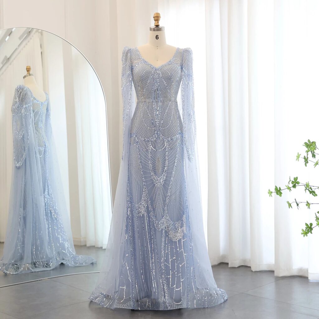 Luxury Mermaid Light Blue Evening Dresses with Cape Sleeves Elegant Plus Size Women Wedding Guest Party Gowns