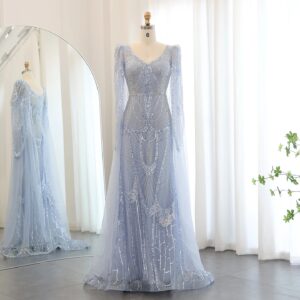 Luxury Mermaid Light Blue Evening Dresses with Cape Sleeves Elegant Plus Size Women Wedding Guest Party Gowns