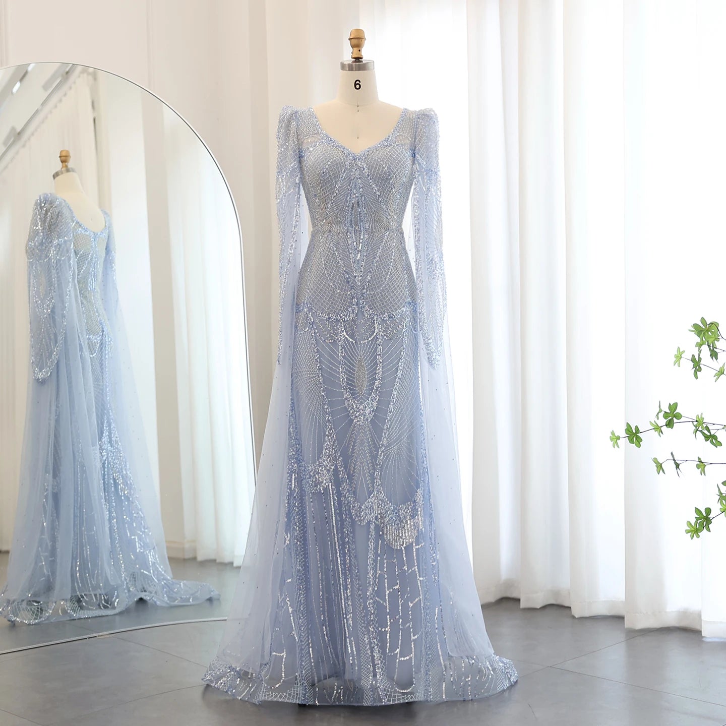 Luxury Mermaid Light Blue Evening Dresses with Cape Sleeves Elegant Plus Size Women Wedding Guest Party Gowns