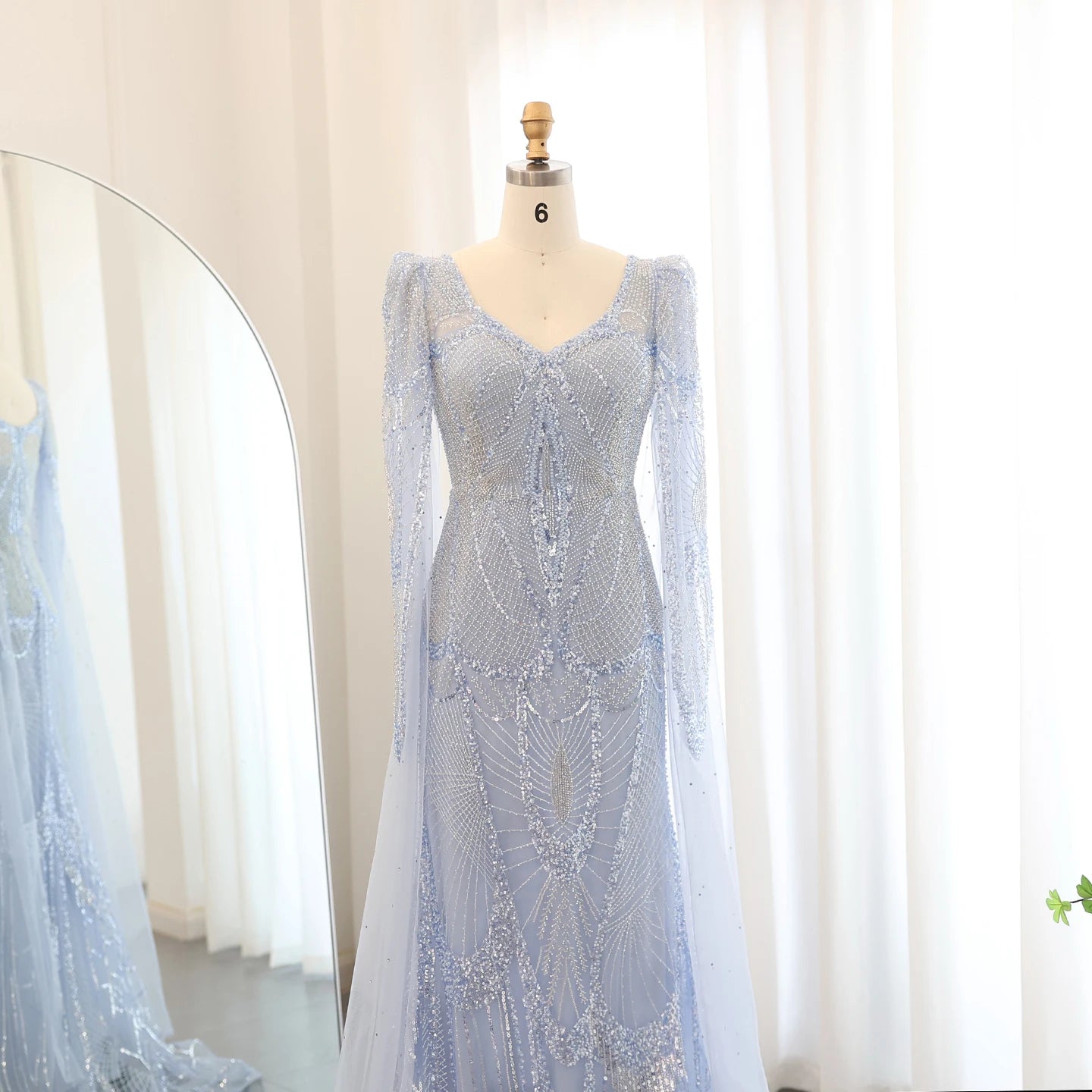 Luxury Mermaid Light Blue Evening Dresses with Cape Sleeves Elegant Plus Size Women Wedding Guest Party Gowns - Image 2