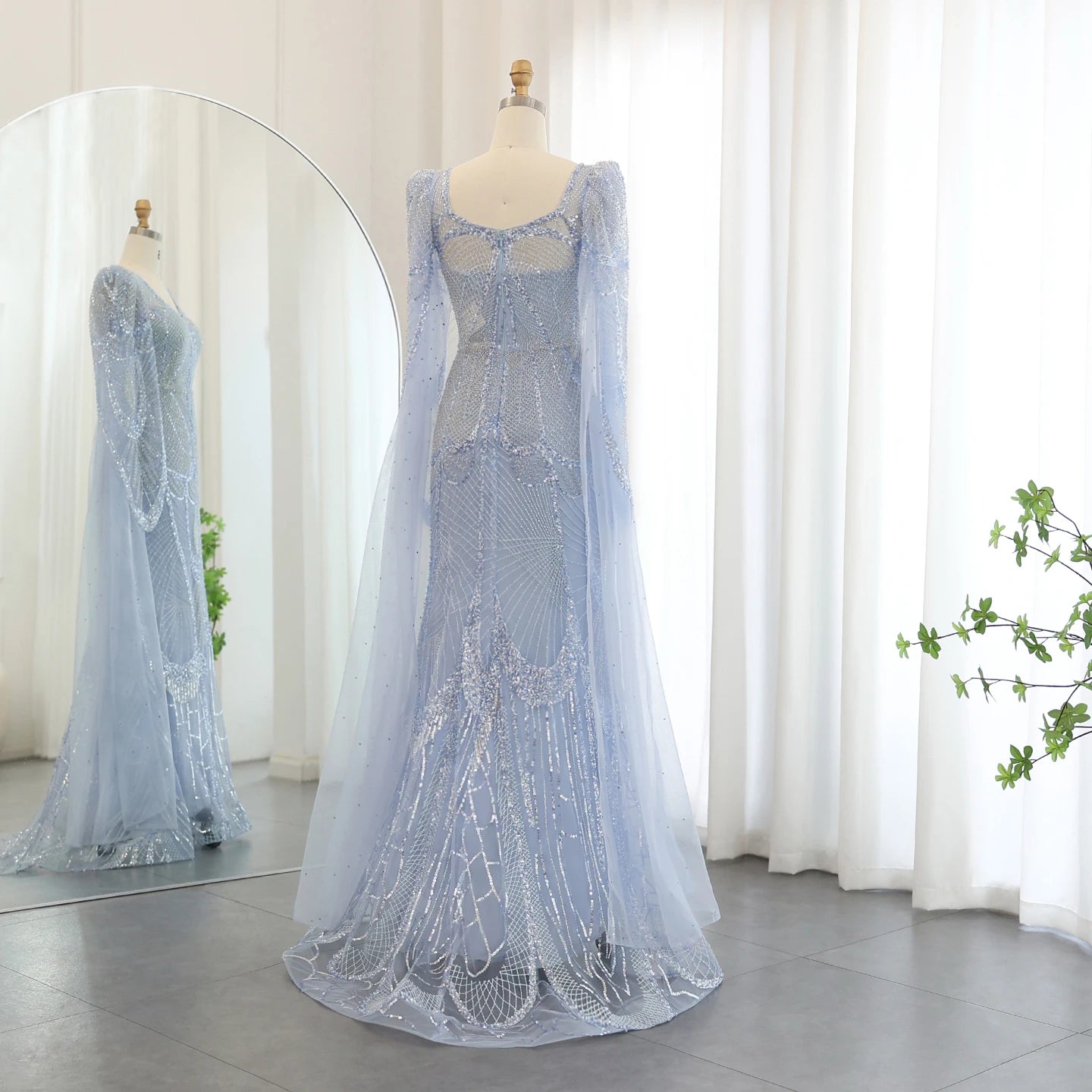 Luxury Mermaid Light Blue Evening Dresses with Cape Sleeves Elegant Plus Size Women Wedding Guest Party Gowns - Image 5