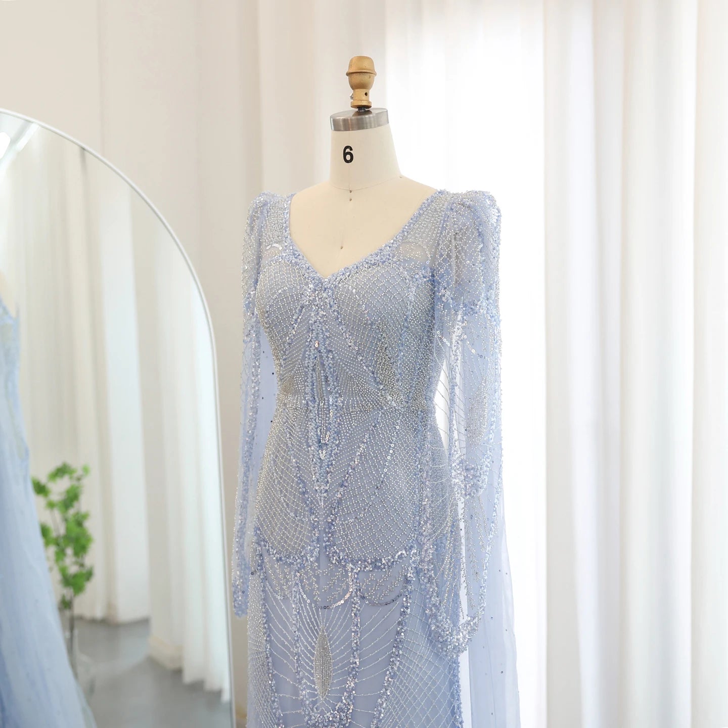 Luxury Mermaid Light Blue Evening Dresses with Cape Sleeves Elegant Plus Size Women Wedding Guest Party Gowns - Image 3