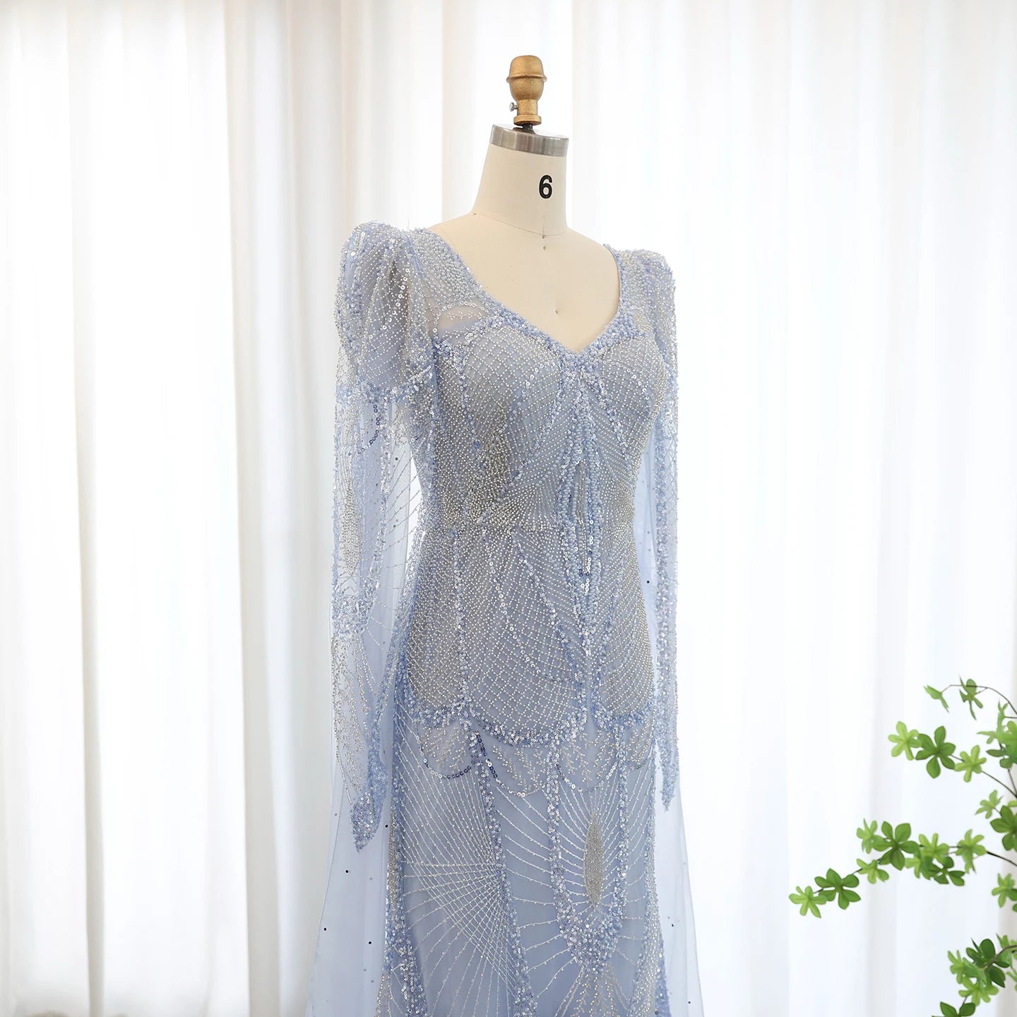 Luxury Mermaid Light Blue Evening Dresses with Cape Sleeves Elegant Plus Size Women Wedding Guest Party Gowns - Image 4