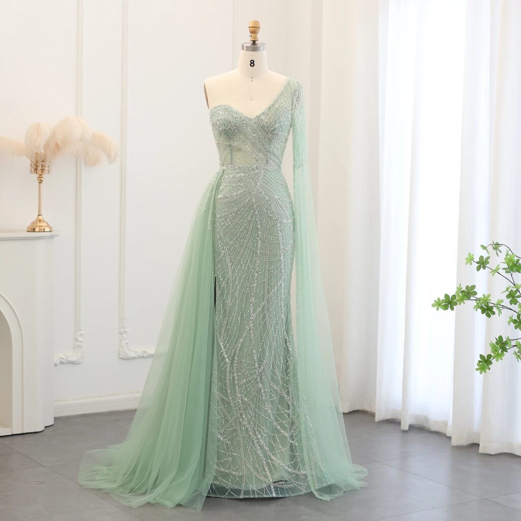 Luxury Mermaid One Shoulder Sage Green Evening Dress with Cape Sleeves Plus Size Women Blue Wedding Party Gown