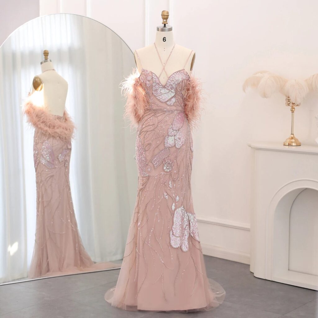 Luxury Mermaid Pink Evening Dresses with  Feathers Scarf Spaghetti Straps Women Blue Wedding Prom Gowns