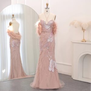 Luxury Mermaid Pink Evening Dresses with  Feathers Scarf Spaghetti Straps Women Blue Wedding Prom Gowns