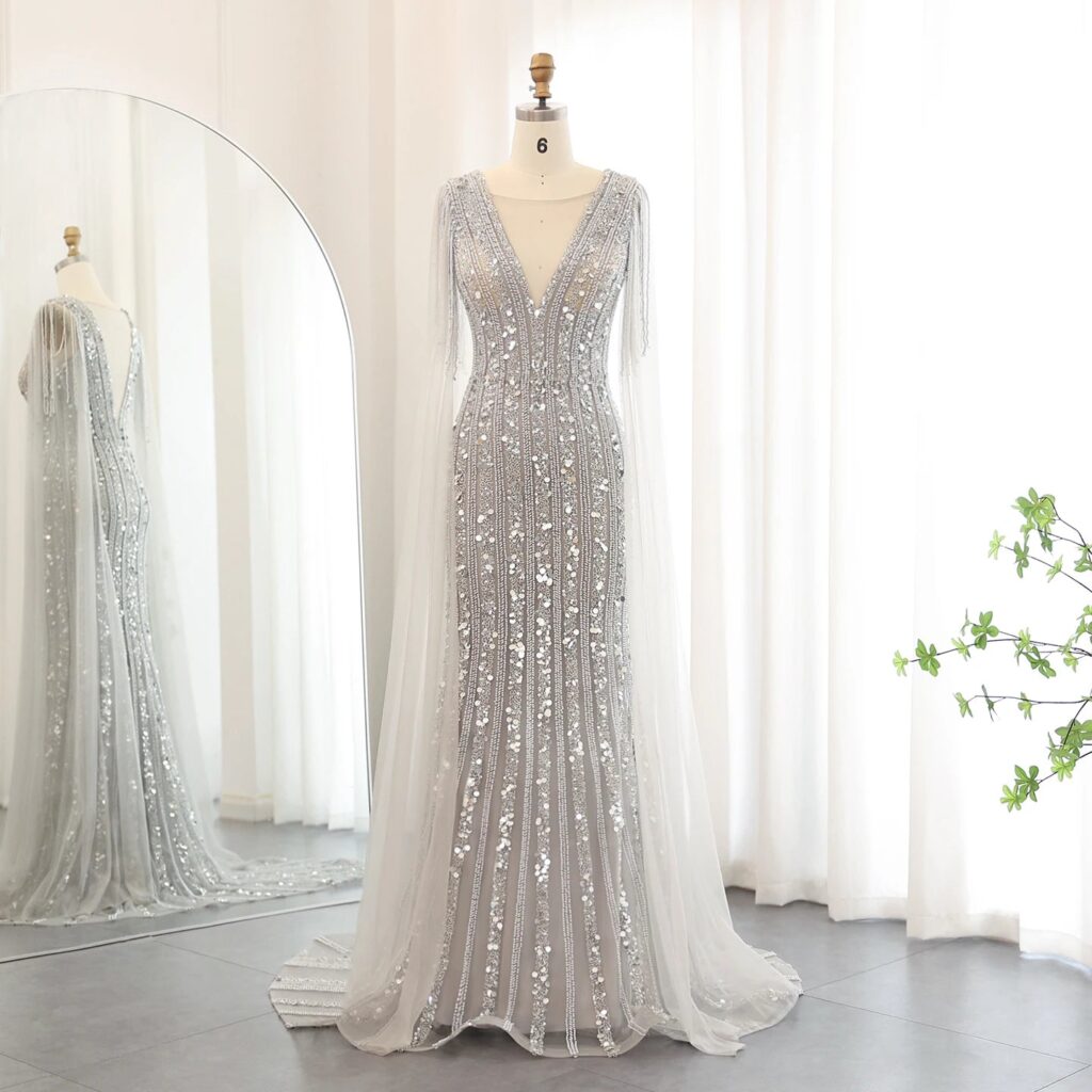 Luxury Mermaid Silver Gray Evening Dresses with Cape Sleeves Elegant Plus Size Women Wedding Guest Party Gowns