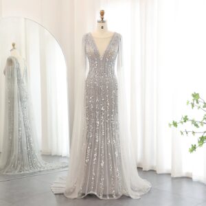 Luxury Mermaid Silver Gray Evening Dresses with Cape Sleeves Elegant Plus Size Women Wedding Guest Party Gowns