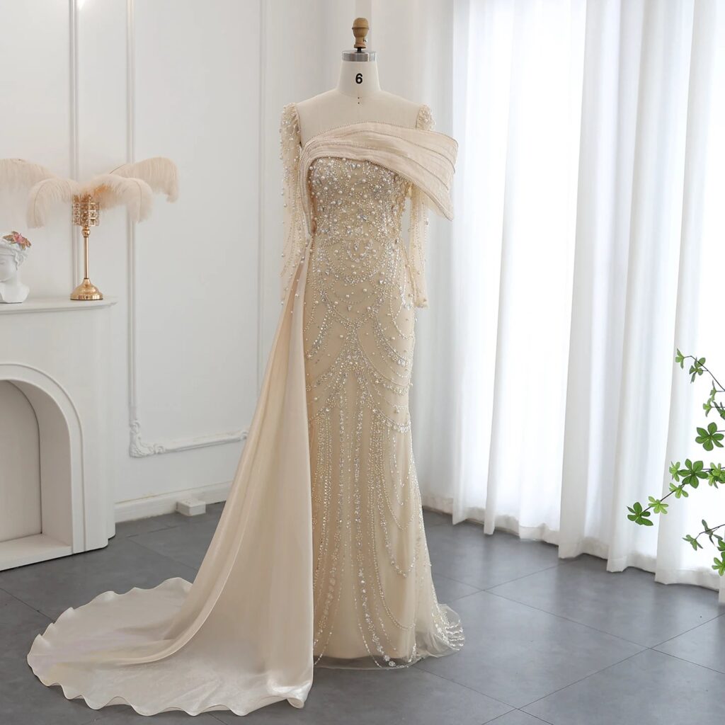 Luxury Nude Crystal Mermaid Evening Dress with Overskirt Long Sleeves Wedding Formal Prom Gowns