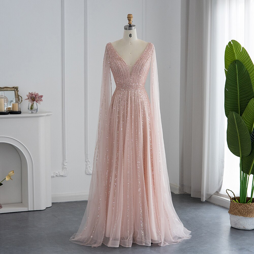 Luxury  Evening Dress with Cape Sleeves Formal Dresses for Women Wedding Party