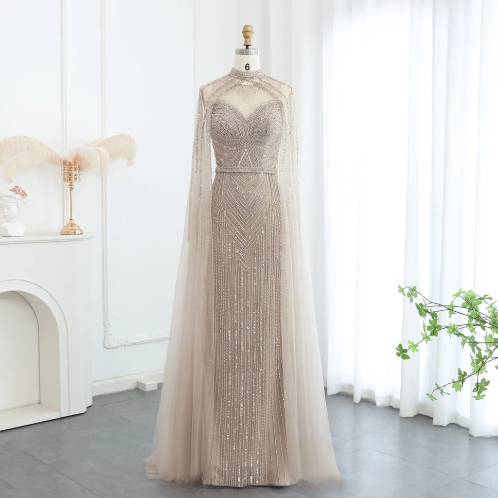 Luxury Nude Mermaid Evening Dress with Cape Sleeve High Neck Sage Green Women Long Wedding Party Gowns