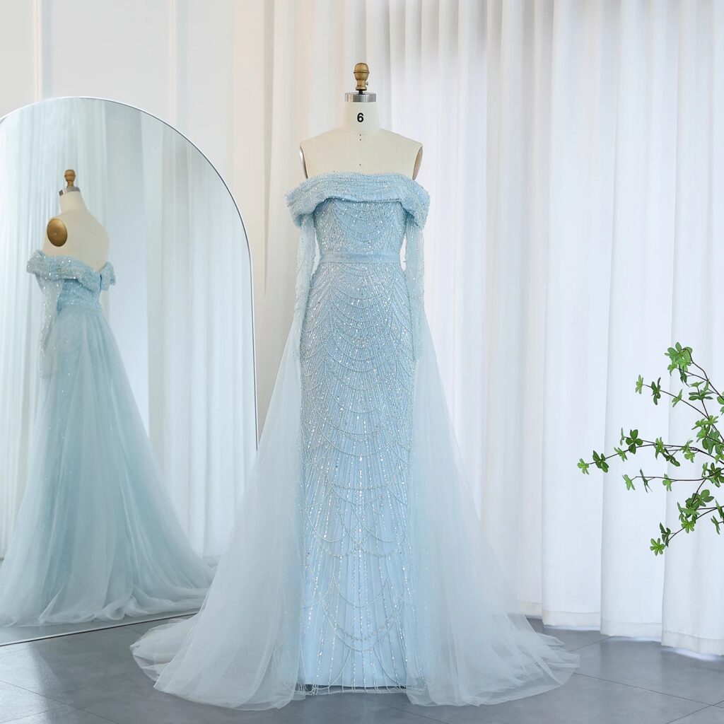 Luxury Off Shoulder Mermaid Evening Dress with Detachable Overskirt Women Wedding Party Dress